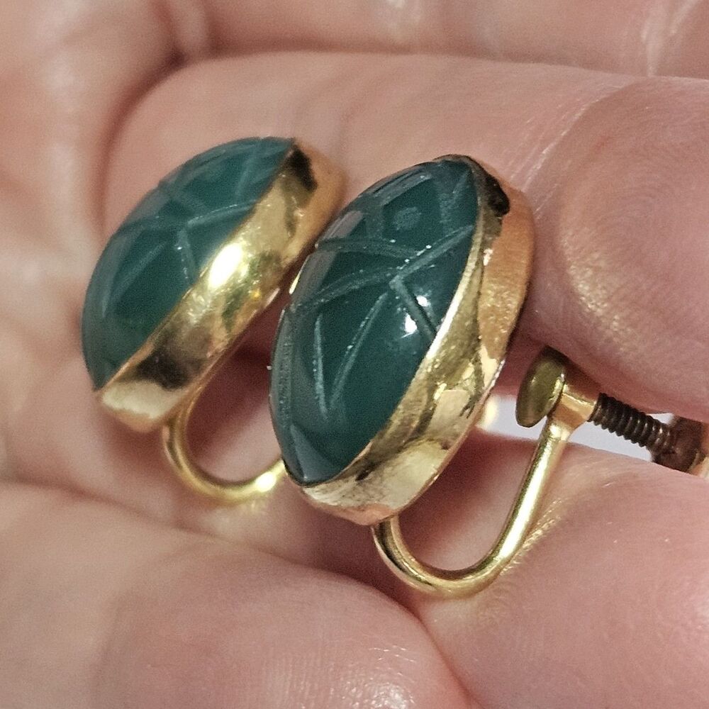 **Last Chance!! Final Sale** Bal Ron 14k GF Green Carved Scarab Screw-back